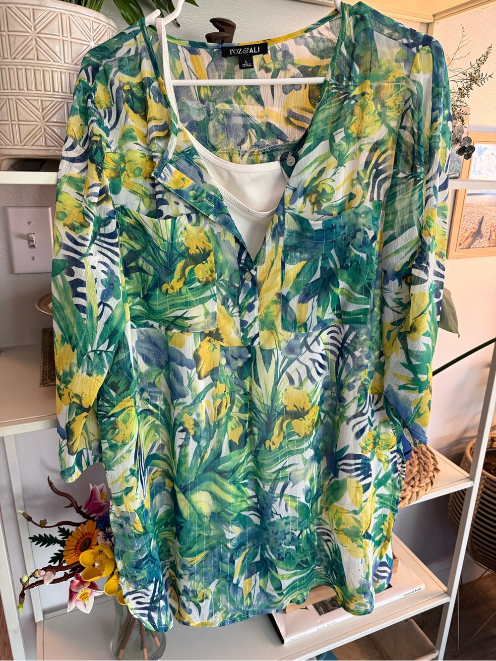 Roz & Ali Green, Yellow & Blue Tropical Sheer Tunic